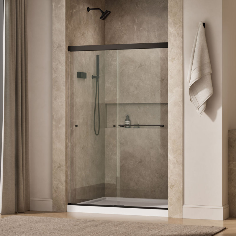 Revel Sliding Shower Door, 70-In H X 44-5/8 - 47-5/8-In W, With 1/4-In Thick Frosted Glass, Anodized Dark Bronze