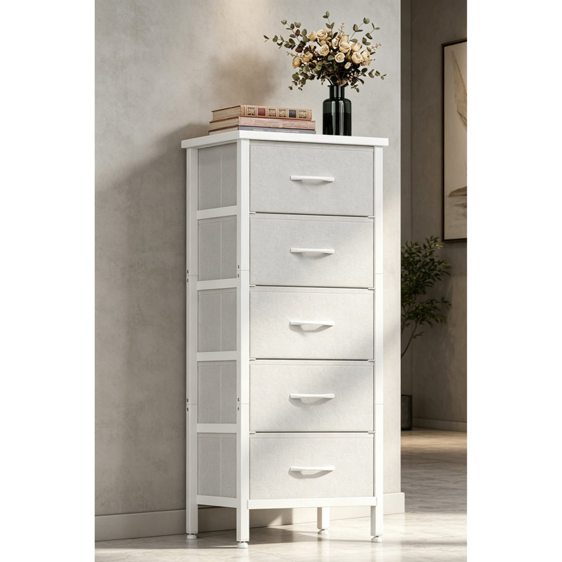 White 5 Drawer Chest of Drawers, Tall 119cm Fabric Storage Dresser, Bedroom Organiser Cabinet for Closet, Living Room & Entryway