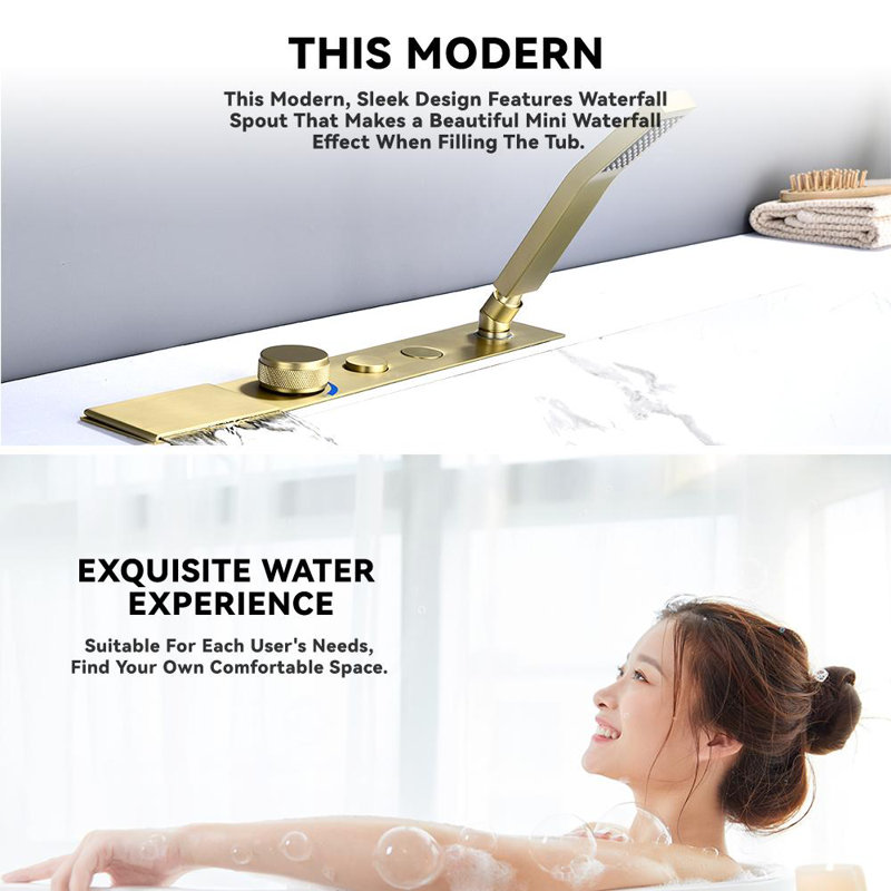 Brushed Gold Single Handle Waterfall Tub Faucet with Hand Shower