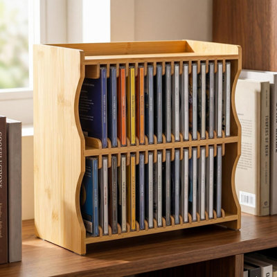 Bamboo CD Holder Rack, Holds up to 32 CD Cases CD Rack Organizer with Rubber Feet, DVD Display Shelf for Movie Cases, DVDs, Cassette Tape