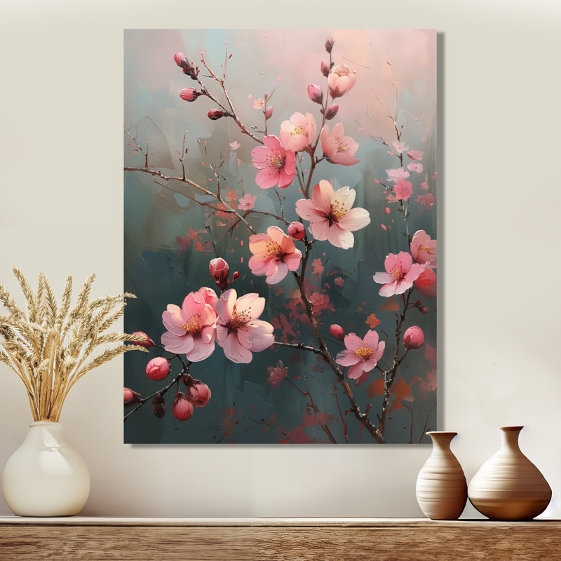 «Pink Cherry Blossom Feminine Charm I» - impression d'art mural cerisier en fleurs, Toile tendue, H 24 po x l 32 po
