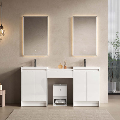 Ensemble de meuble-lavabo sur pied 72 po avec lavabo en résine et 1 armoire latérale (ensemble de 3)