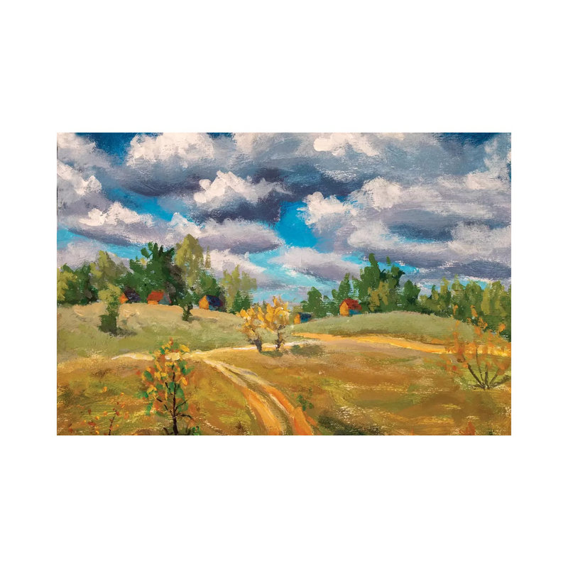 Beautiful Clouds Old Rural Houses In Spring Field by Valery Rybakow - Painting on Canvas, 66.04 cm H x 45.72 cm W x 1.91 cm D