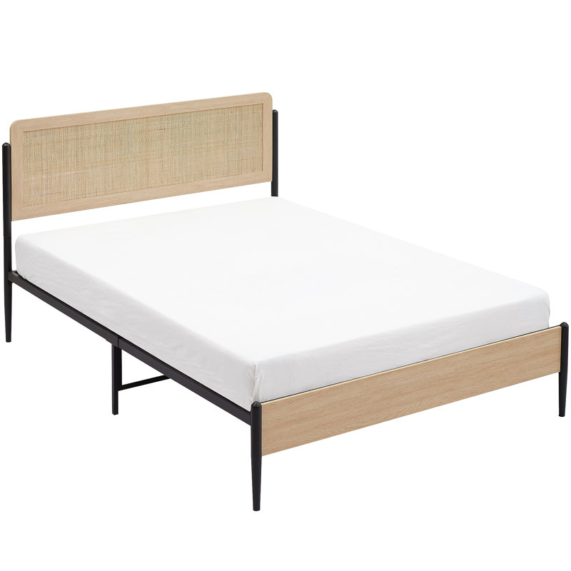 Lit plateforme en métal avec tête de lit et pied de lit en rotin, Grand lit