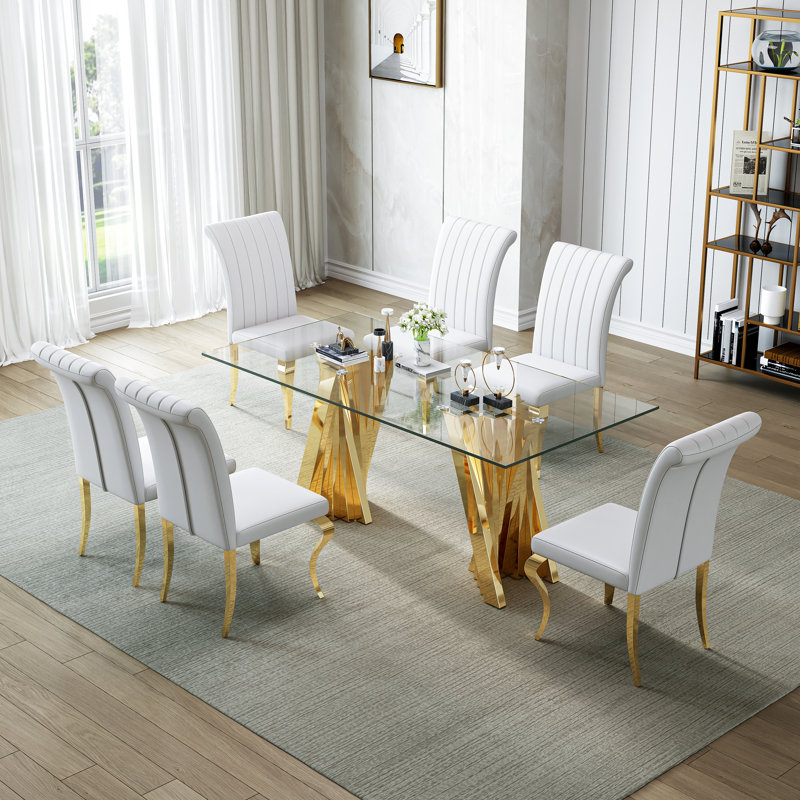 70" Modern Tempered Glass Dining Table Set With Sculptural Stainless Steel Base & Velvet Upholstered Chairs – Sleek Minimalist Design For Contemporary Dining Rooms