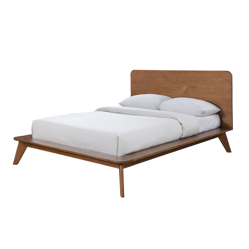 Lit plateforme en bois massif de couleur noyer pleine grandeur, tête de lit à panneau de style Mid-Century, pieds inclinés fuselés, cadre de lit pour matelas, moderne
