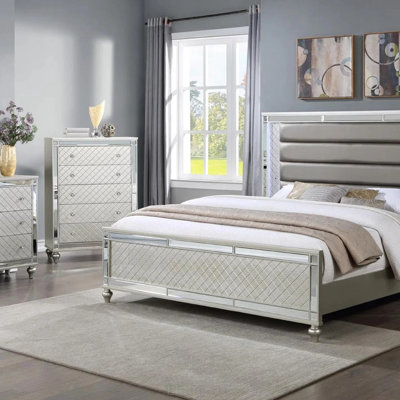 Modern Luxury Stunning Silver Finish Queen Side Panel Bed With Plush Channel Tufting And Integrated LED Lighting