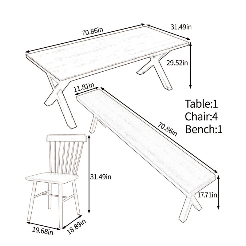 Ensemble de table en bois massif au choix de la nature, H 29,52 po x L 70,86 po x l 31,49 po