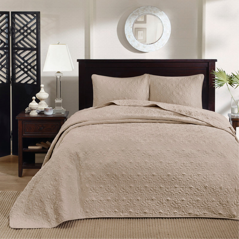 Reversible Bedspread Set Khaki Queen, Khaki Floral, Queen Bedspread + 2 Shams