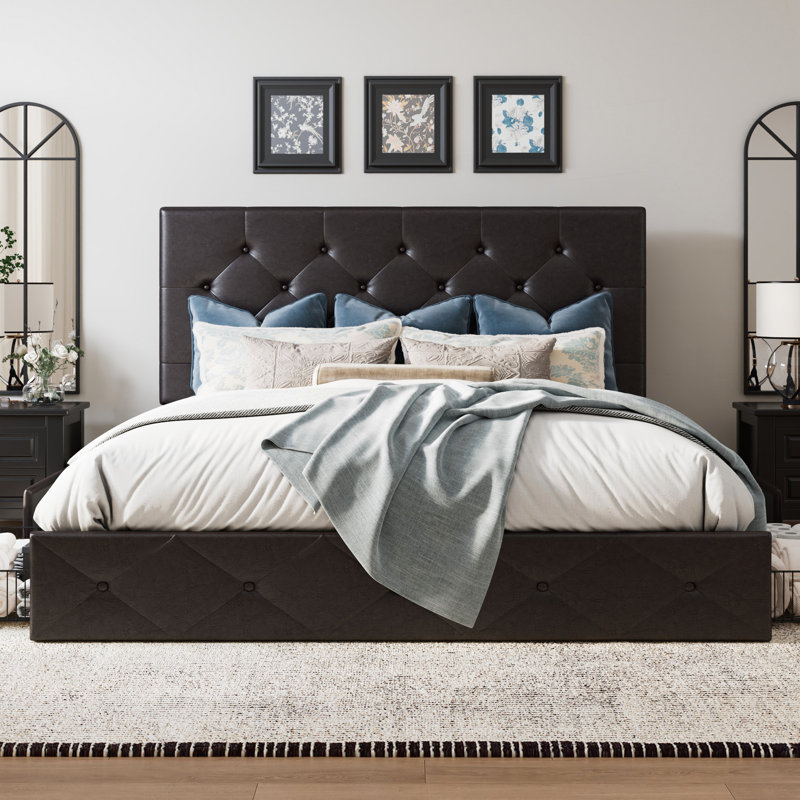 Silvester Modern Upholstered Platform Storage Bed with Wooden Slats, no box spring needed, Brown Diamond Faux Leather, Queen
