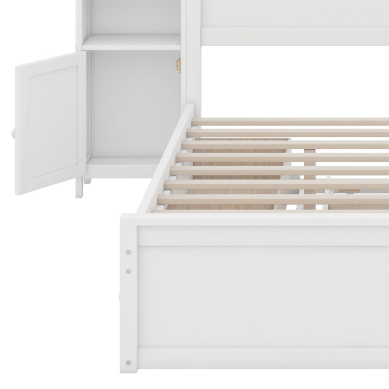 Wooden Bed With All-In-One Cabinet,Shelf And Sockets,Trundle, White