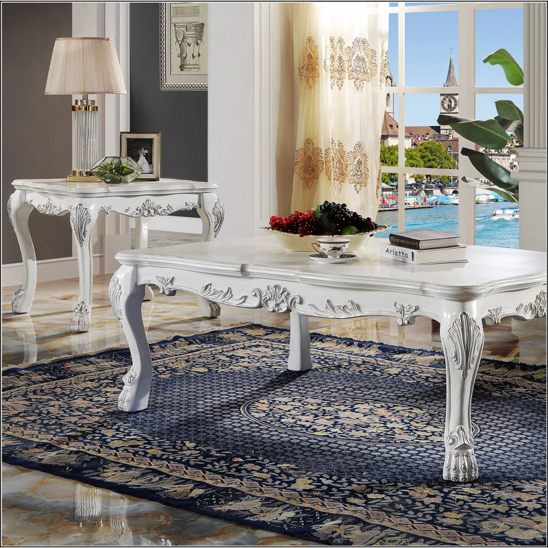 Bone White Square End Table with Intricate Carved Accents