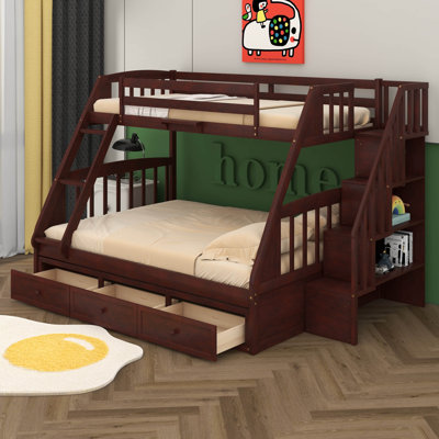 Twin Over Full Bunk Bed With Staircase And Drawers, Solid Wood Bunk Beds With Guardrails & Ladders, Can Be Convertible Into 2 Beds