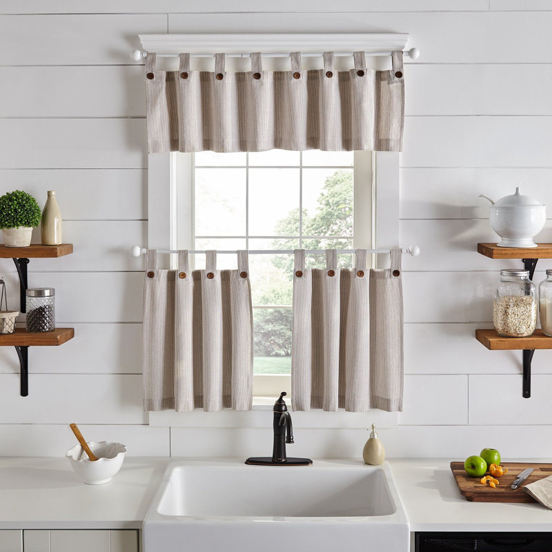 Liviana Cotton Striped Tailored Kitchen Curtain, 30" W x 24" L, Linen