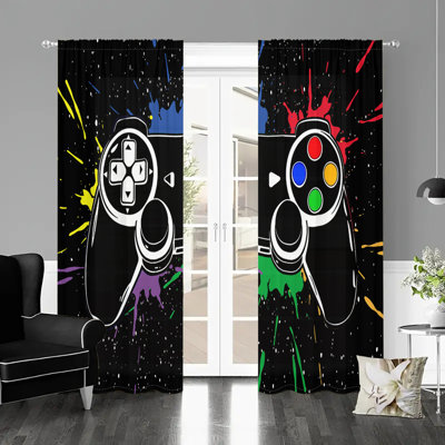2Pcs Gaming Controller Window Curtains Gamer Video Game Console Joystick Pattern Rod Pocket Drapes Colorful Paint Splash Design For Bedroom Living Room Home Decor