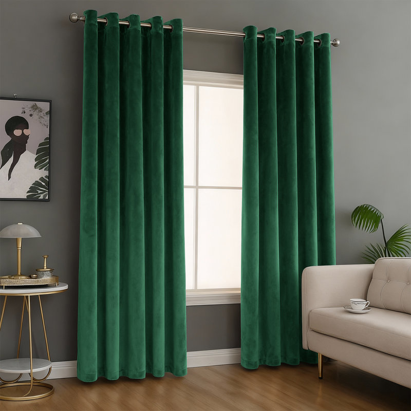 100% Velvet Curtains with Eyelets & Tie Backs, Green, 117cm Width x 137cm Drop
