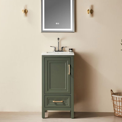 Meuble-lavabo autoportant de 18 po entièrement assemblé avec lavabo en céramique, rangement à fermeture en douceur et options à deux poignées, finition verte