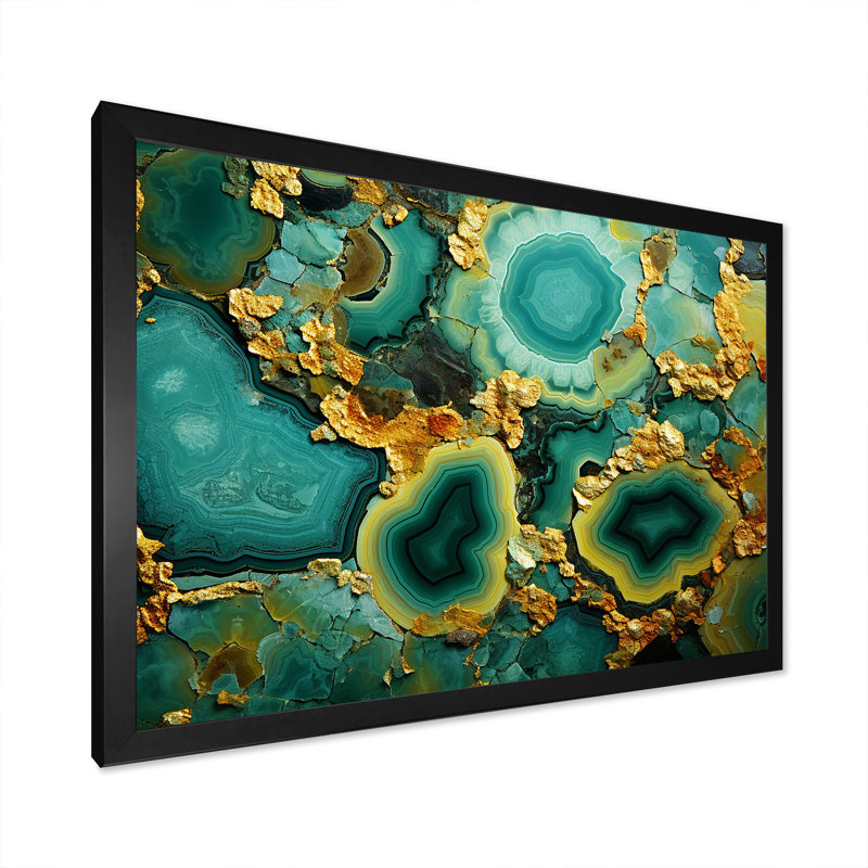 Amazonite dorée verte dorée - géode de pierre, art mural, Cadre d'angle fermé noir, H 24 po x l 32 po x P 1 po
