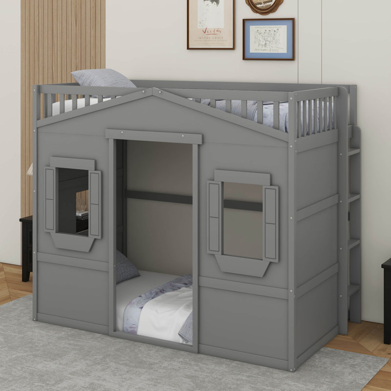 Twin House Loft Bed With Ladder, Gray