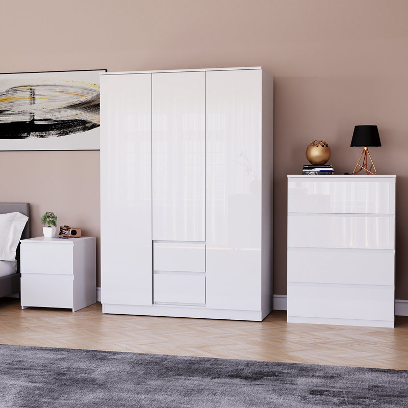 Oslo 3 Piece Bedroom Set (2 Drawer Bedside Chest, 4 Drawer Chest, 3 Door 2 Drawer Wardrobe), (100% FSC), White