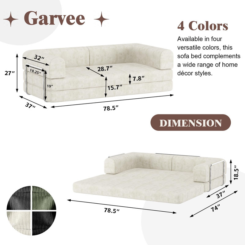 Canapé-lit convertible en velours côtelé, canapé-lit pliant à structure fixe, futon très grand dépliable à 3 places, canapé-lit sans assemblage pour le studio 78,7 x 39,4 x 29,6 po, beige