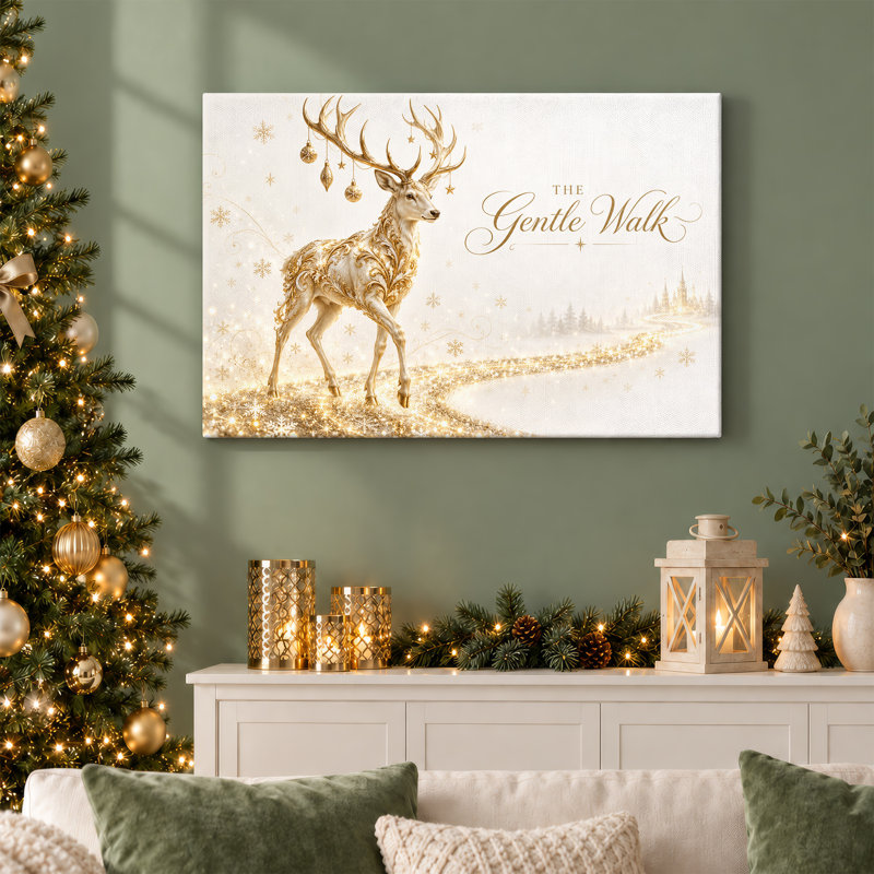 Art mural sur toile Golden Deer on Glittering Path in Snowy Landscape Christmas, H 18 po x l 24 po