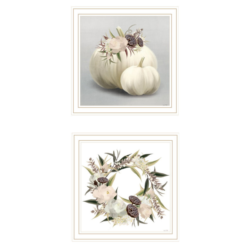 BOHO citrouilles et fleurs, ensemble de 2 vignettes encadrées pour décor de salon par House Fenway, Blanc