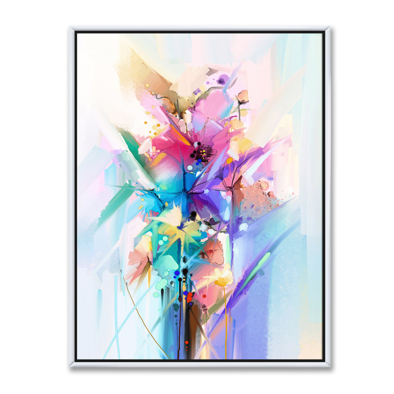 Fleurs de printemps abstraites colorées - reproduction d'art sur toile, H 46 po x l 36 po, Toile avec cadre, Blanc