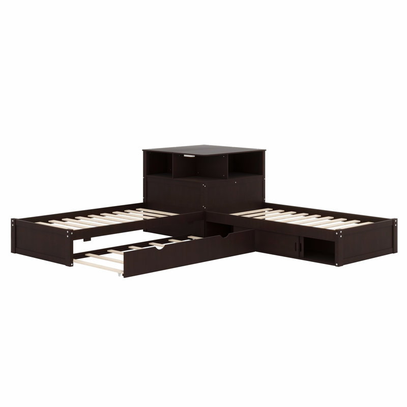 Élégant lit en forme de L avec bureau intégré, tablettes de rangement, lit gigogne et lumières DEL, Espresso