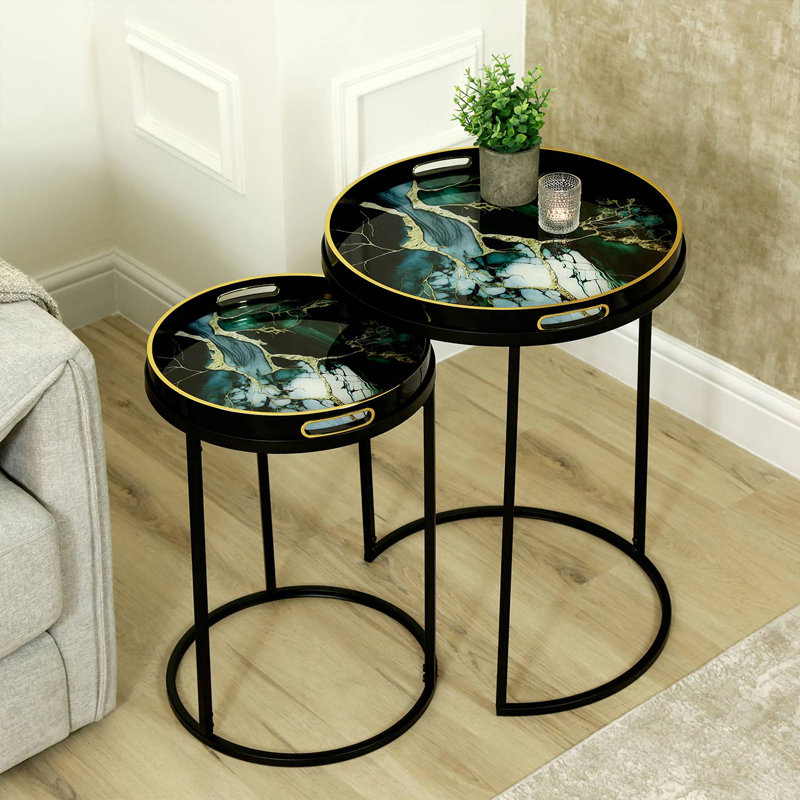 Bellarose 65cm Round Nesting Table for Living Room, Modern Design Top End Table, White Green