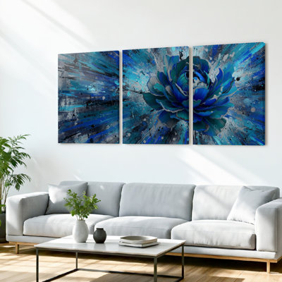 Ensemble de 3 tableaux muraux abstraits à motif floral bleu