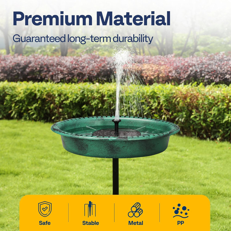 Green Polyresin Oval Bird Bath Bowl with Solar Fountain and Metal Stake
