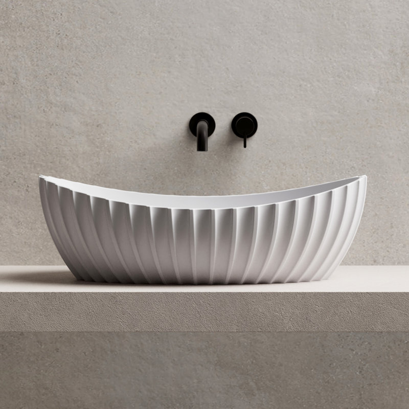 MonBlari 24" X 14" Ingot Fluted Solid Surface Bathroom Sink Matte White, Matte White