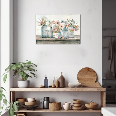  Country Flower Canvas Wall Art Rustic Flower Prints Vintage Botanical Wall Pictures Artistic Still Life Mason Jar Floral Painting Charming Artwork Decor for Bathroom Bedroom Living Room, 12x16 inches