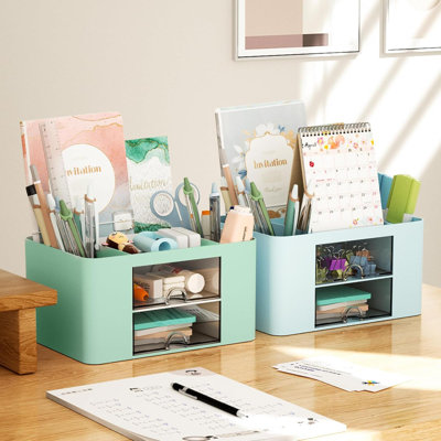 Organisateur de stylos avec 2 tiroirs, porte-crayons multifonctionnel pour bureau, organisateurs de bureau et accessoires avec 5 compartiments + tiroir pour fournitures de bureau (bleu)