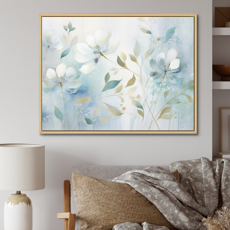 «Blue Botanical Rhythms I», art mural abstrait sur toile, H 16 po x l 32 po x P 1 po, Cadre naturel flottant