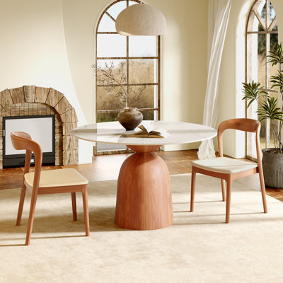 Table de salle à manger ronde de style Mid-Century moderne, plateau en pierre frittée de 39 po / 43 po / 53 po / 59 po, base en bois massif, table de cuisine de ferme, résistante aux taches et aux égratignures