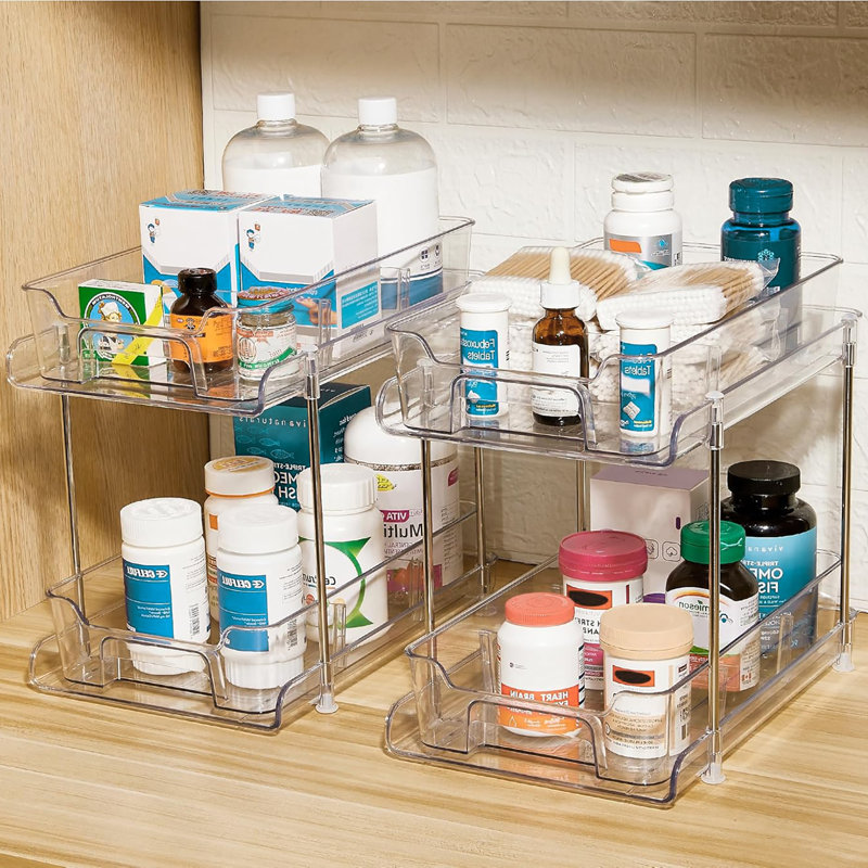 4 Pack 2 Tier Clear Pull Out Under Sink Organizers with Dividers