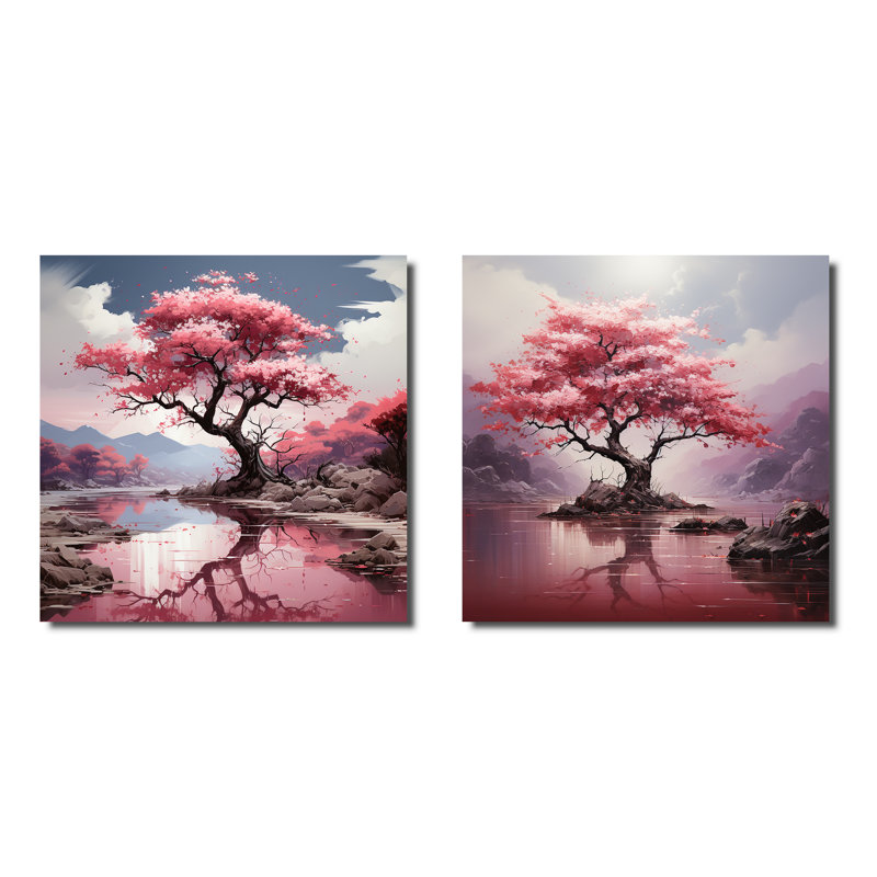 «Pink Cherry Tree Blossoms In River I», ensemble de 2 reproductions d'art sur toile, Toile tendue, H 16 po x l 33 po x P 1 po