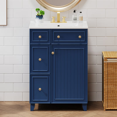 Armoire de salle de bain 24 po - Bleu construction avec lavabo en céramique encastré / encastré