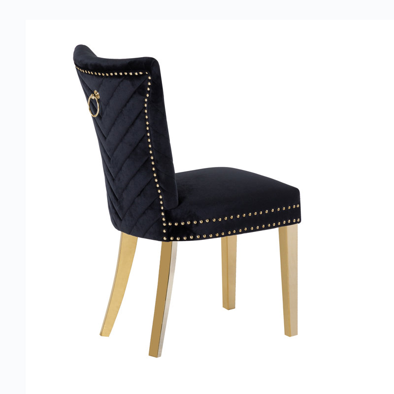 Chaises de salle à manger à pieds dorés 2 pièces Eva avec finition en velours noir, Noir