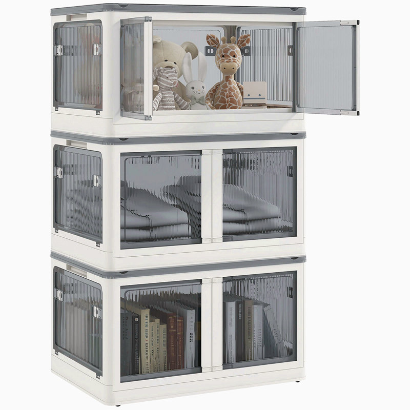 3 bacs de rangement empilables avec couvercles, roues, pliables, 18 gallons, Blanc