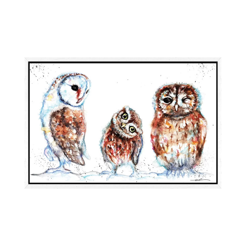 Trio Of Owls - Painting on Canvas, 45.72cm H x 66.04cm W x 3.81cm D, White Framed