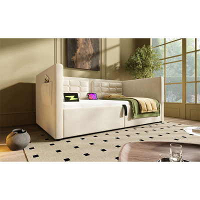 Twin Size Beige Velvet Upholstered Daybed With Hydraulic Storage, & Type - C Charging, Wooden Slats, And Back For A Relaxing Bedroom Retreat Storage Bed Frame, Back, Suitable Small Rooms