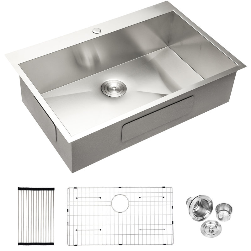 Lavabo encastré 28 po en acier inoxydable - Rembourrage en caoutchouc épais, nickel brossé, calibre 18, cuve à simple cuve, conception innovante de 28 po,