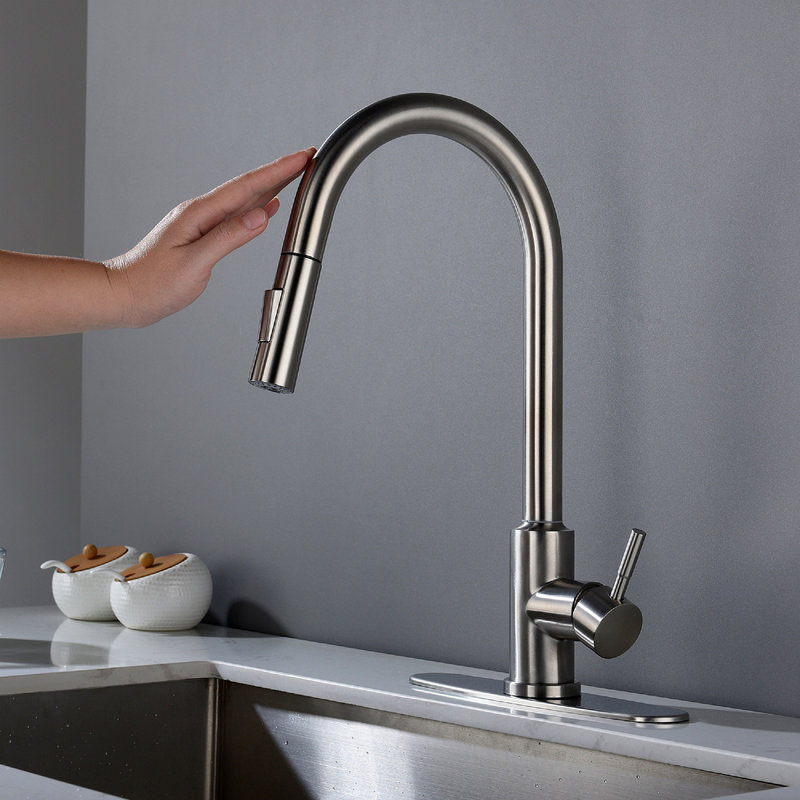 Robinet de cuisine tactile avec douchette extractible, Nickel brossé