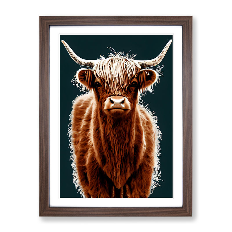 Charming Highland Cow - Wall Art, 48cm H x 36cm W, Walnut Framed, White