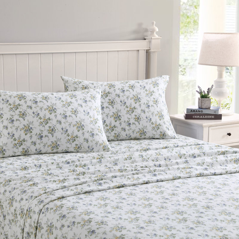 Ensemble de draps en flanelle de coton brossé, Ensemble de draps pour très grand lit avec 2 taie, La Fleur bleue