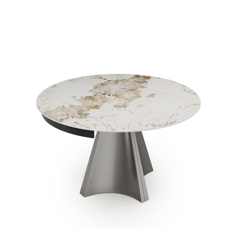 Extendable Round Sintered Stone Dining Table, Pandora, 29.53"H x 51.18"L x 51.18"W