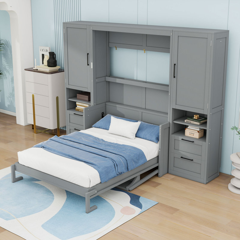 Lit escamotable double en bois avec 4 tiroirs et tablettes, gris